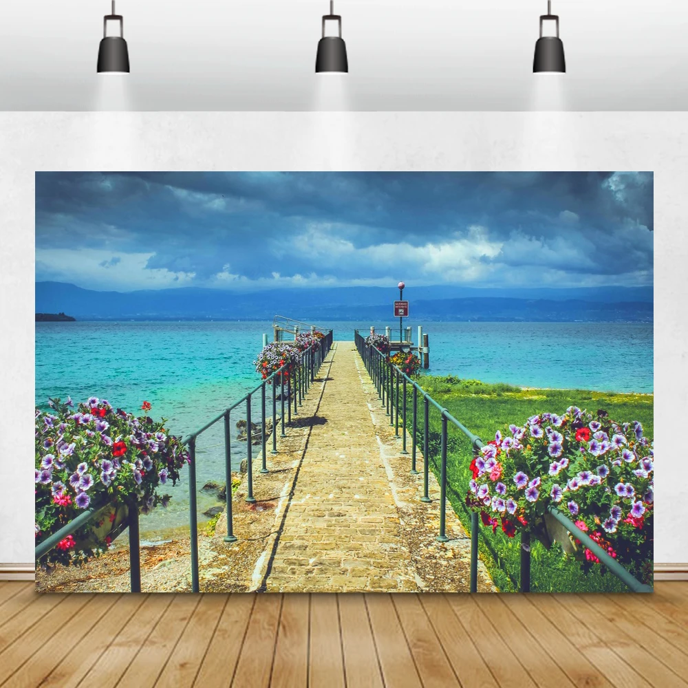 Laeacco الغيوم البحر الخشب جسر الاستوائية الصيف عطلة خلفيات للتصوير الفوتوغرافي صور خلفيات للصور استوديو فوتوزون