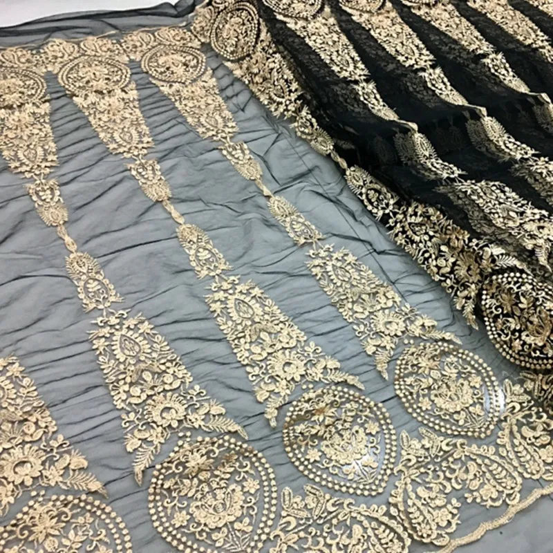 New product mesh lace gold embroidered fabric, high-end customized apparel fabric, encrypted embroidery skirt  fabric