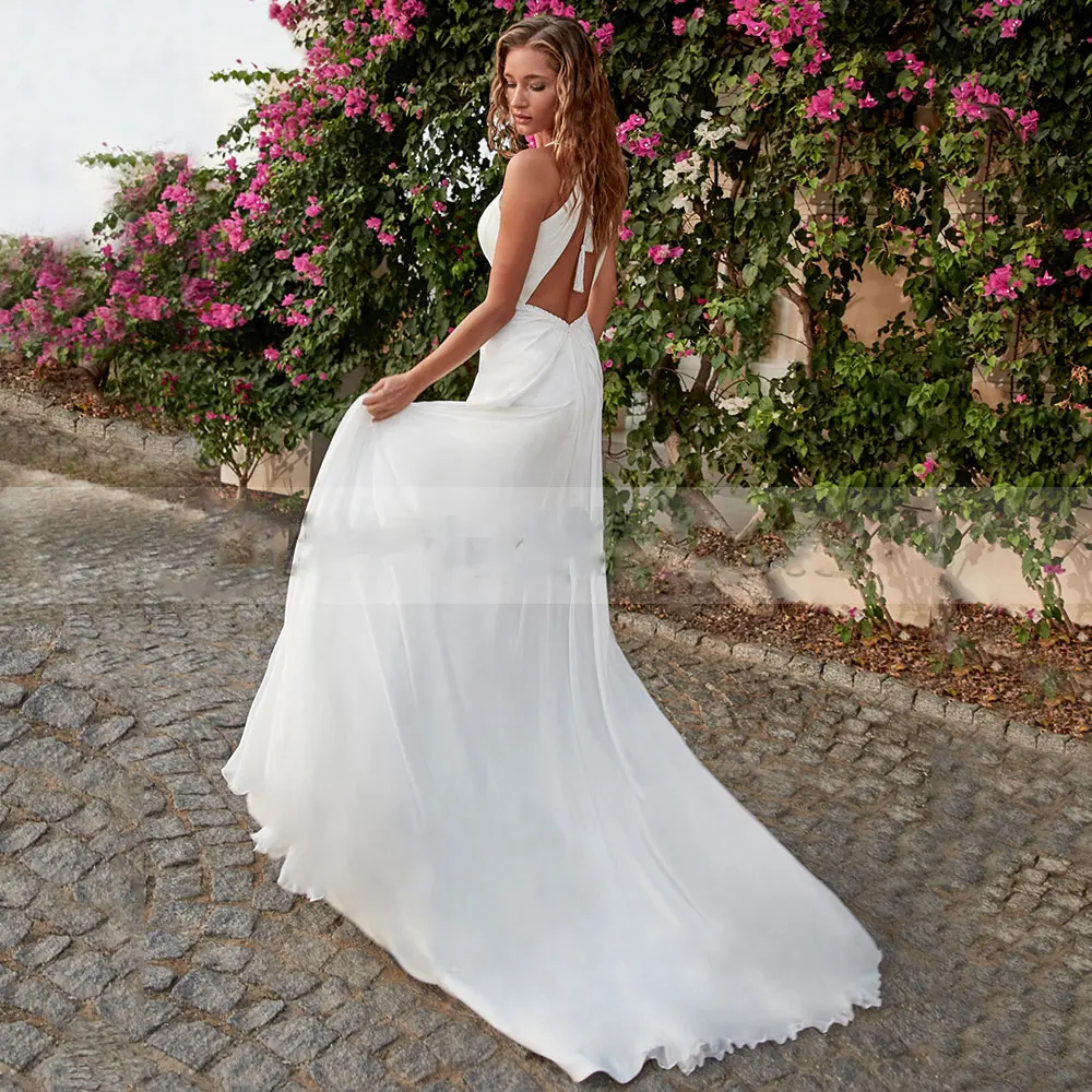 Sexy Chiffon Mermaid Elegant Sweep Train Sleeveless Pleats V-neck Wedding Dress 2021  Backless Bridal Gowns Vestidos De Novia