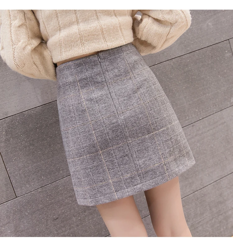 Women\'s Thick Woolen Skirt, High Waist Mini Plaid Skirts, Warm Wool Boots, Autumn, Winter