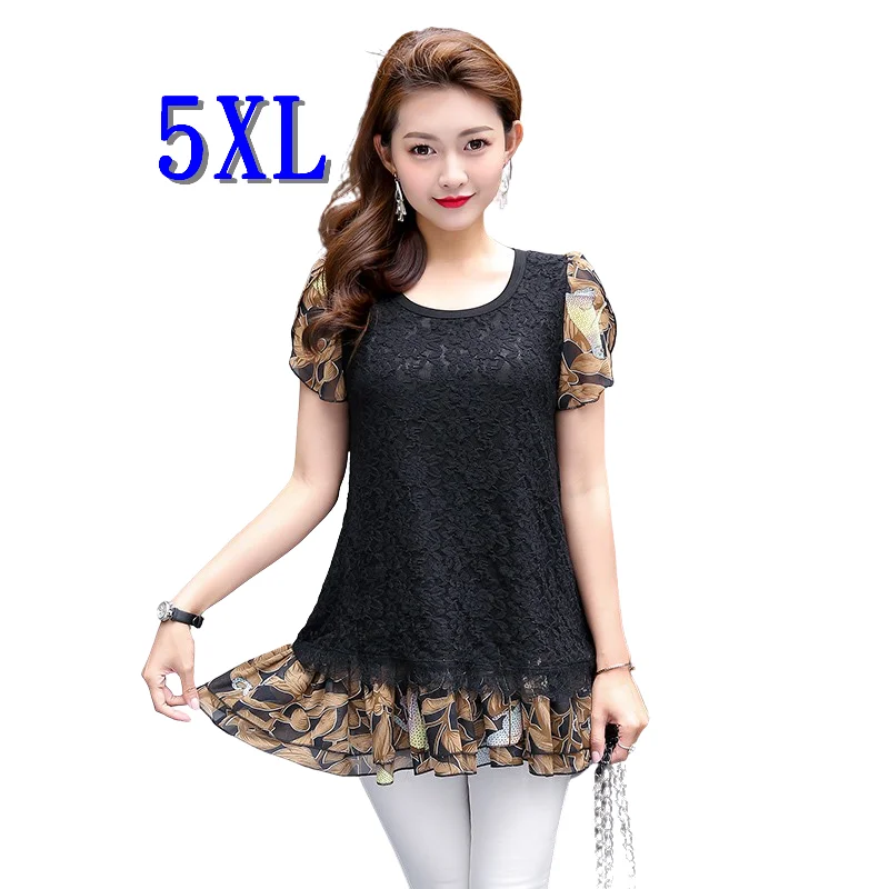 Women's T-shirts Summer Style Tops Womens Clothing Plus Size 5XL Oversized Shirt Tees New Fashion Black Sexy Lace Free Shipping