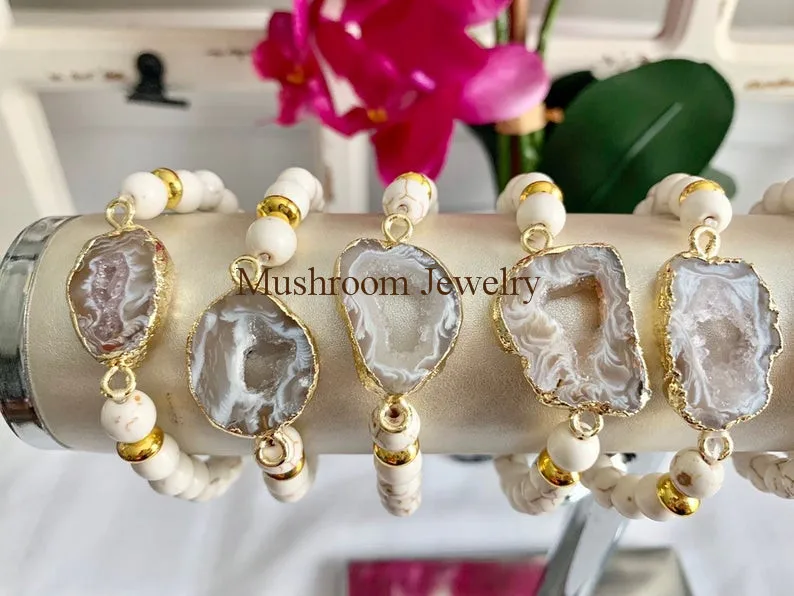 

Gold Frosted Metal Bracelet Howlite Stone Bead Agate Slice Connector Gem Bracelet Howlite Beads For Bracelet