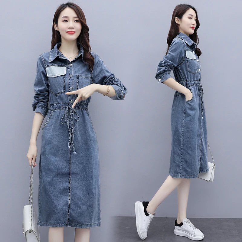 

Vintage Denim Dress Female 2021 Spring Autumn New Korean Long-sleeved Lace-up Pocket Jeans Dress Women Casual Shirt Dresses