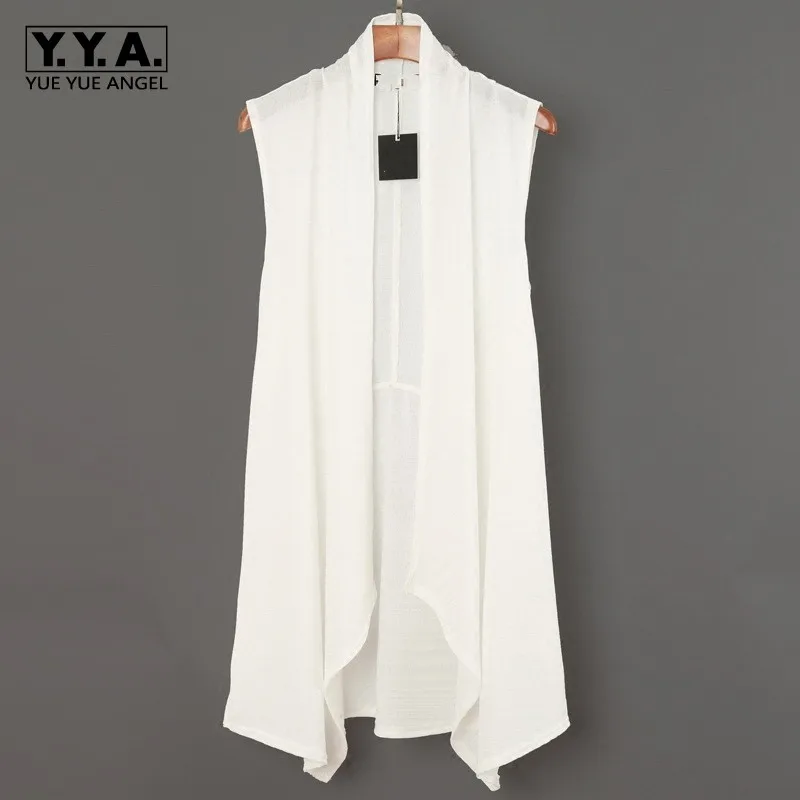 

Asymmetrical Personality Summer New Solid Thin Mens Sleeveless Vests Casual See Through Slim Cardigan Medium Length Waistcoats