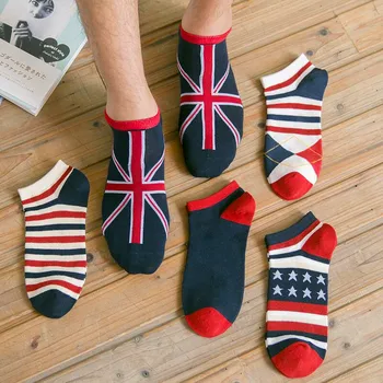 5 pares de calcetines de algodón con bandera nacional a la moda para hombre, calcetines invisibles antideslizantes transpirables para hombre, calcetines tobilleros a rayas Meias