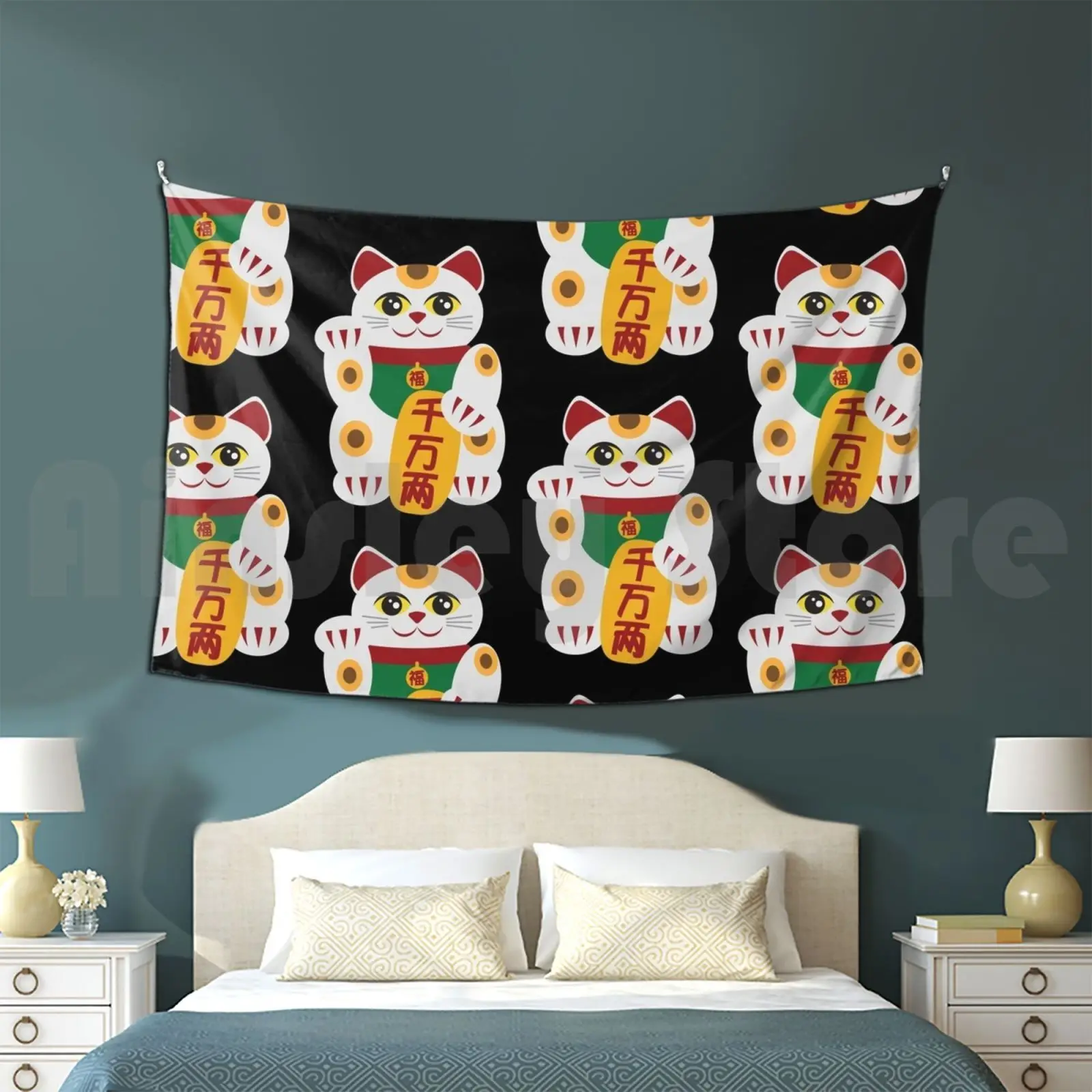 Maneki Neko Beckoning Cat Illustration Customized Tapestry Maneki Neko Beckoning Welcome Cat Kitten