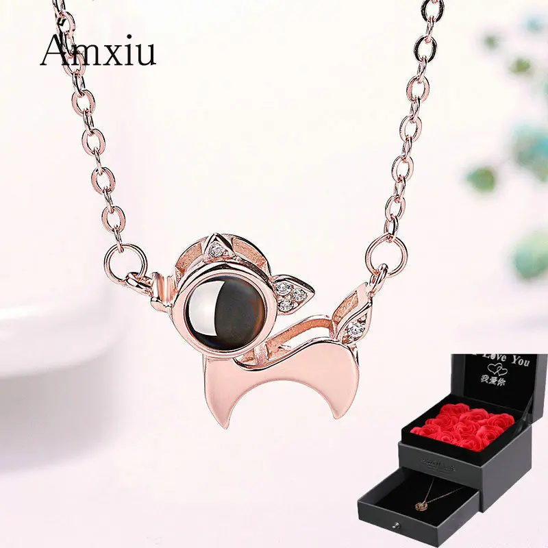 

Amxiu 925 Silver Choker Necklace 100 languages I love you Projection Necklace Cute Dog Necklace Zircons Pendants For Women Gifts