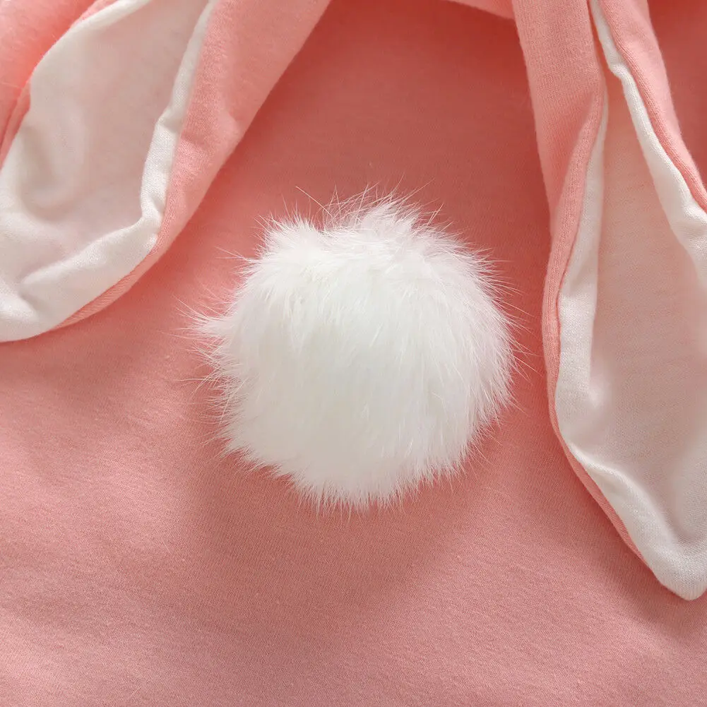 ทารกแรกเกิดเด็กทารกเด็กทารกบอดี้สูทสีชมพูสีเทาของแข็งน่ารักกระต่ายหู Hooded แขนยาวฤดูใบไม้ร่วง Warm Romper 0-2ปี