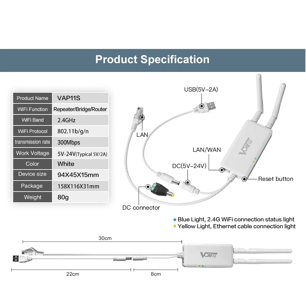 VONETS VAP11S Mini Engineering Bridge Wifi Relay Routing Ap Amplification Network Port Expansion LoT Wireless to Cable