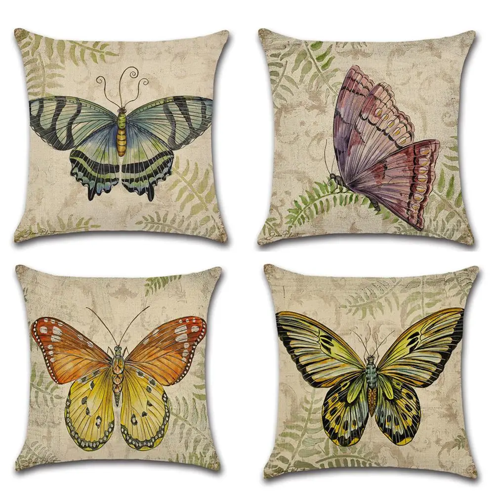 Funda de almohada con diseño de mariposa bonita, funda de almohada de lino y algodón con hermosa mariposa, fundas de almohada decorativas kussensloop almohada