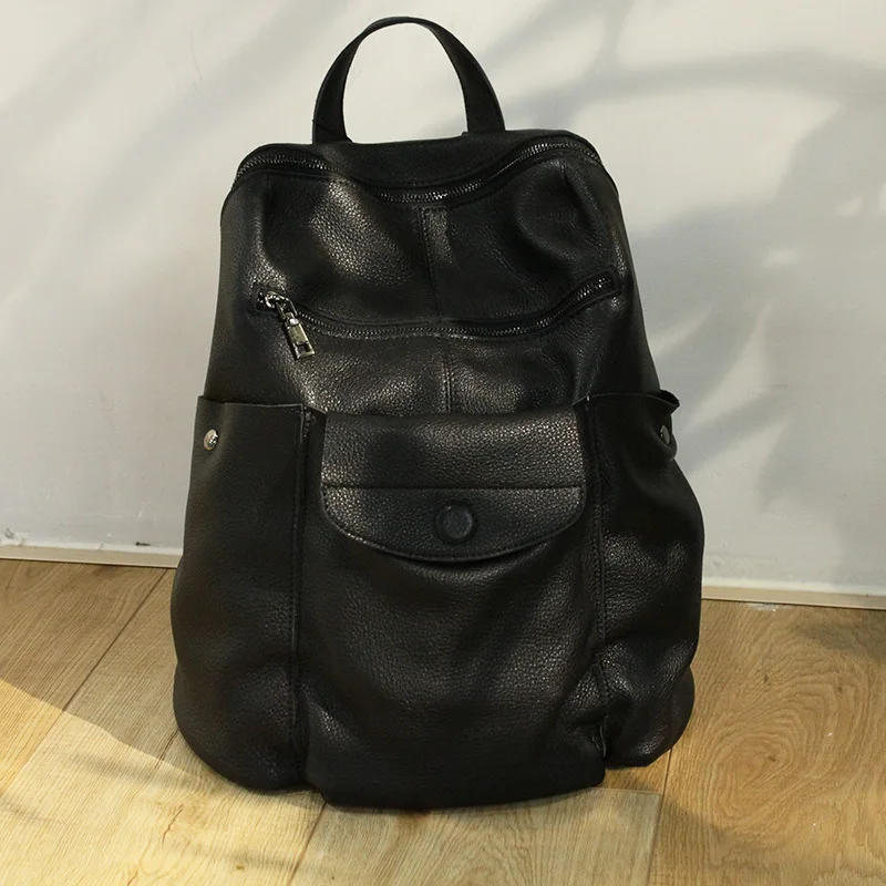 Women/Men Backpacks Genuine Leather School Bags With Crossbody Small Purse Large Capacity Outdoor Travel Knapsack 14\
