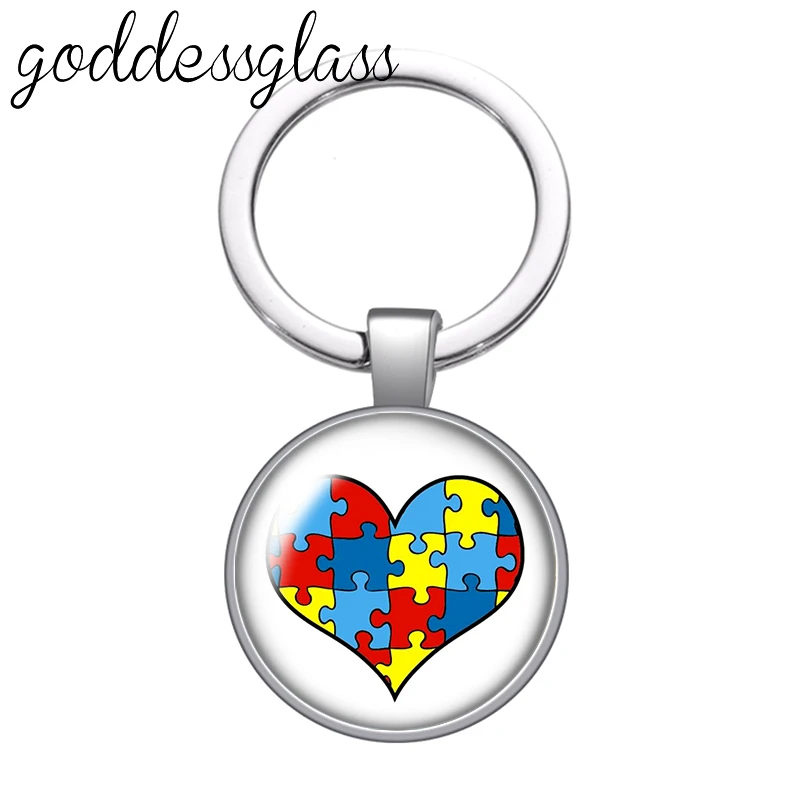 Autism Awareness Puzzle Ribbon Love Photo Round glass cabochon keychain Bag Car key chain Ring Holder Charms keychains for gift