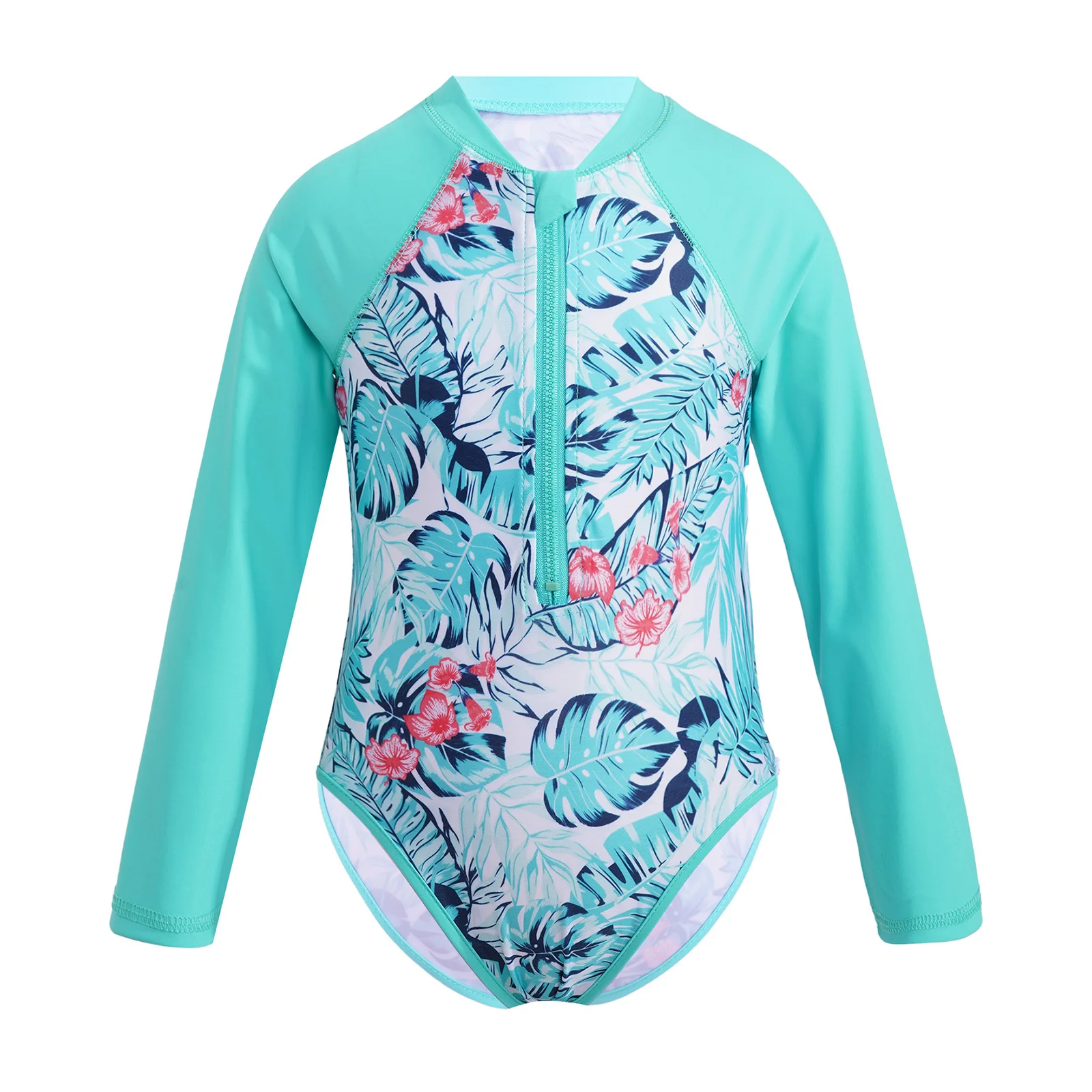 

TiaoBug Summer Swimwear Kids Girls Jumpsuit Rash Guard Floral Printed Swimming Bodysuit One-Piece Long Sleeves Zippered Swimsuit