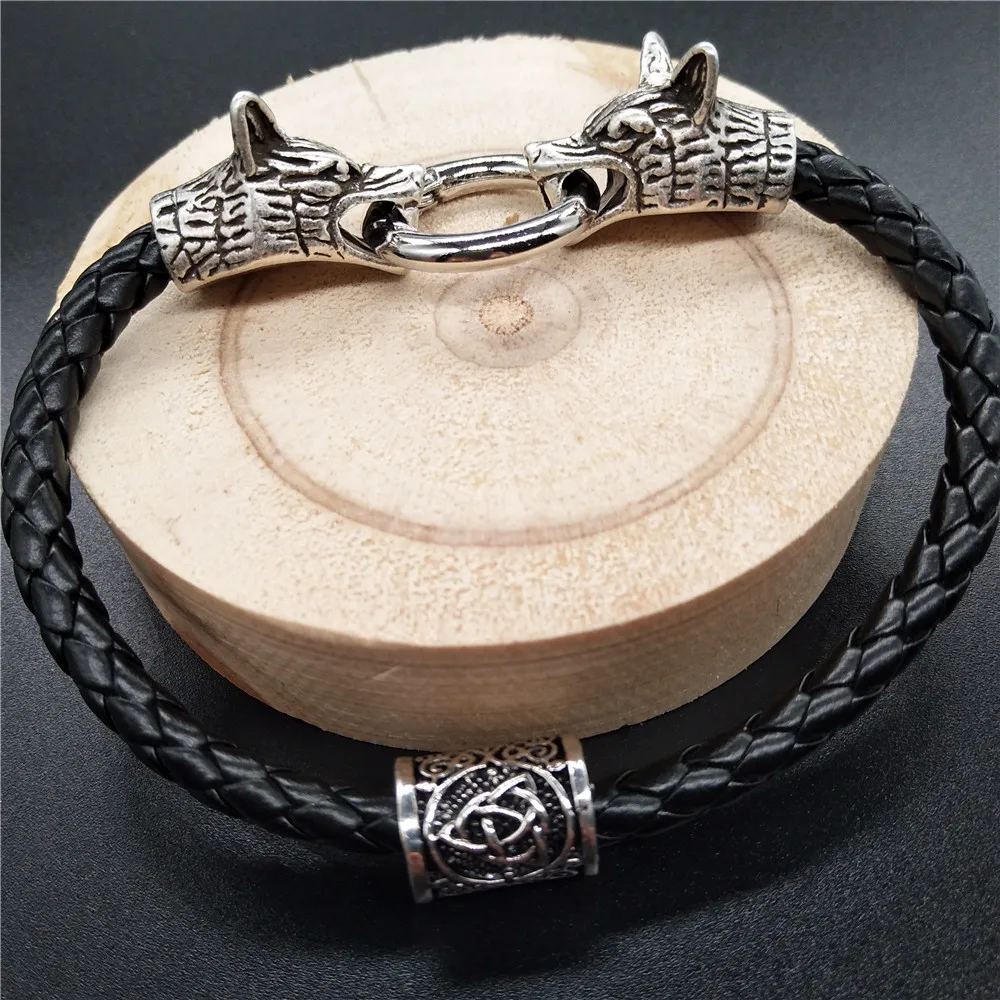 Norse Wolf Head Jewelry Trinity Runes Beads Viking Leather Bracelet Dropshipping