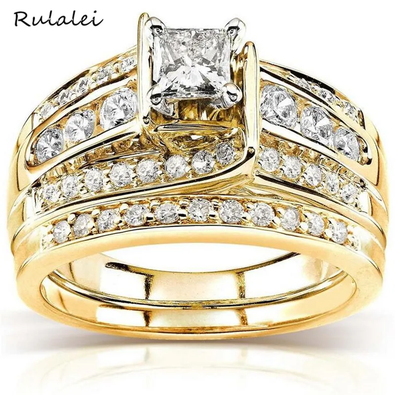 Rulalei Stunning Luxury Jewelry 925 Sterling Silver&Gold Princess Cut White AAAAA Cubic Zircon Women Wedding Bridal Ring Gift