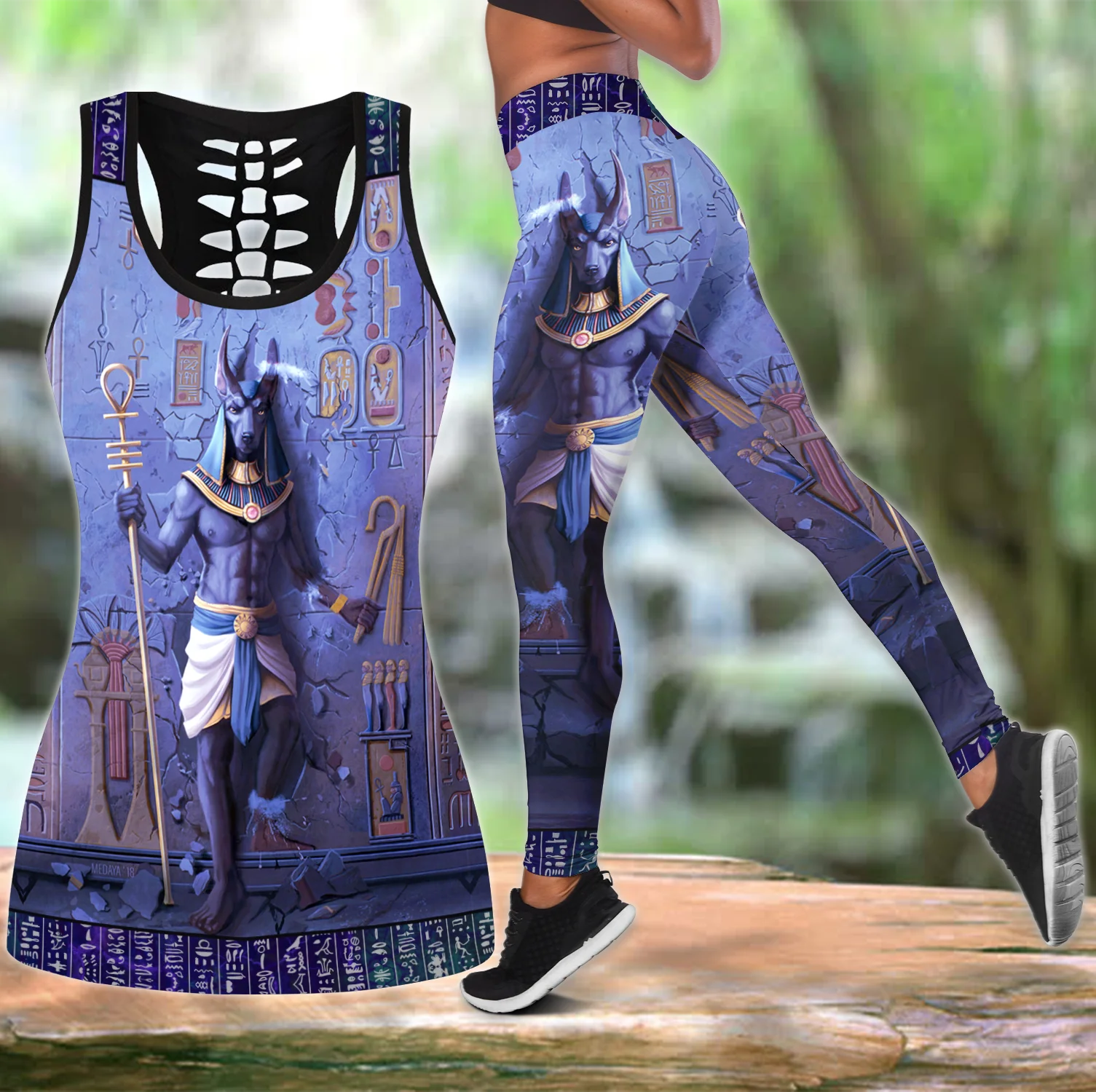 Anubis God Blue Ancient Egypt 3D Printed Hollow Tank Top & Leggings Set Fitness Female Full Length Leggings Yoga Pants LKB-25