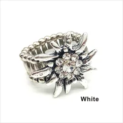 Vintage Silver Color Edelweiss Ring Simple Design Shiny Rhinestone Flower Elastic Rings For Women Oktoberfest Party Jewelry Gift