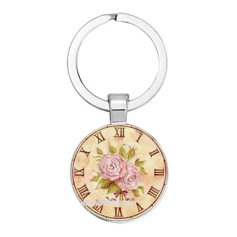 2021 New Retro Round Flower Animal Clock Fashion Keychain Glass Cabochon Keychain, Handmade Jewelry Keychain Pendant, Car Decora