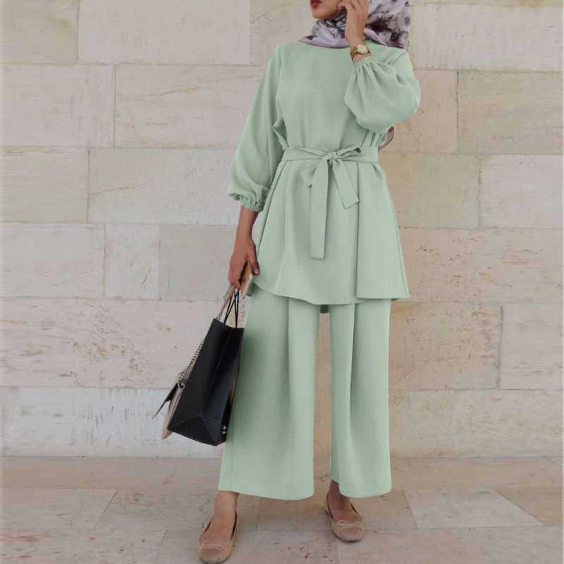 

Women Muslim Sets Eid Turkey Muslim 2 Piece Set Caftan Kaftans Islamic Clothing for Woman Dubai Solid Musulman Tops Pants Sets