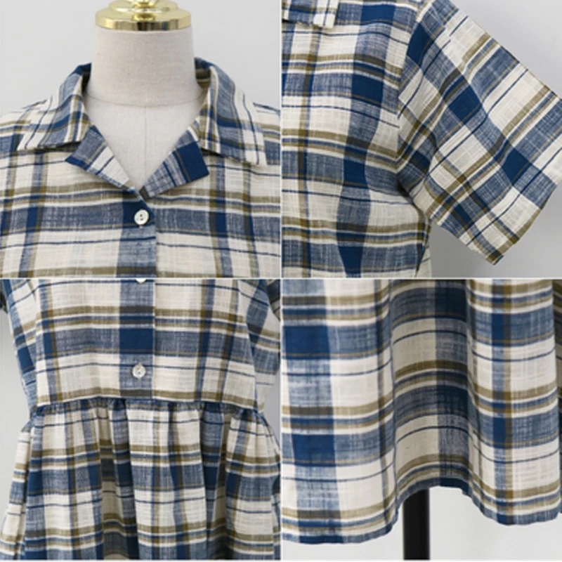 2023 Summer Women Dress Oversize Plaid Vestidos Loose Short Sleeve Female Dress Button Design Ladies Robe Clothing KE71