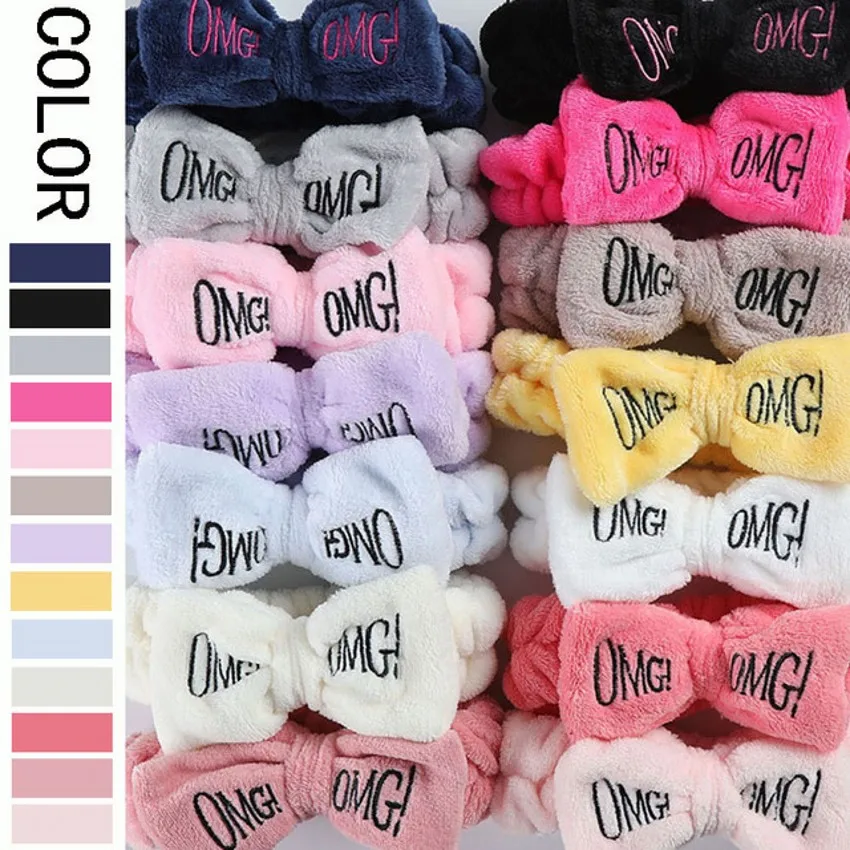 OMG Letter Bow Headbands para Mulheres, Wash Face, turbantes suaves, bandas elásticas de cabelo, Velo Coral, Assistente de Maquiagem Headwear,