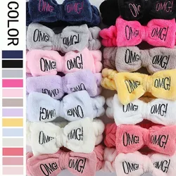 OMG Letter Bow Headbands para Mulheres, Wash Face, turbantes suaves, bandas elásticas de cabelo, Velo Coral, Assistente de Maquiagem Headwear, Meninas Versáteis