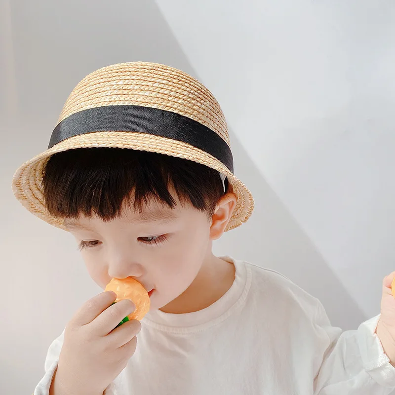 Japanese Style Children Baby Straw Plaited Bucket Hat Fashion Round Top Outdoor Summer Sunhats Infant Kids Boys Girls Hats Caps