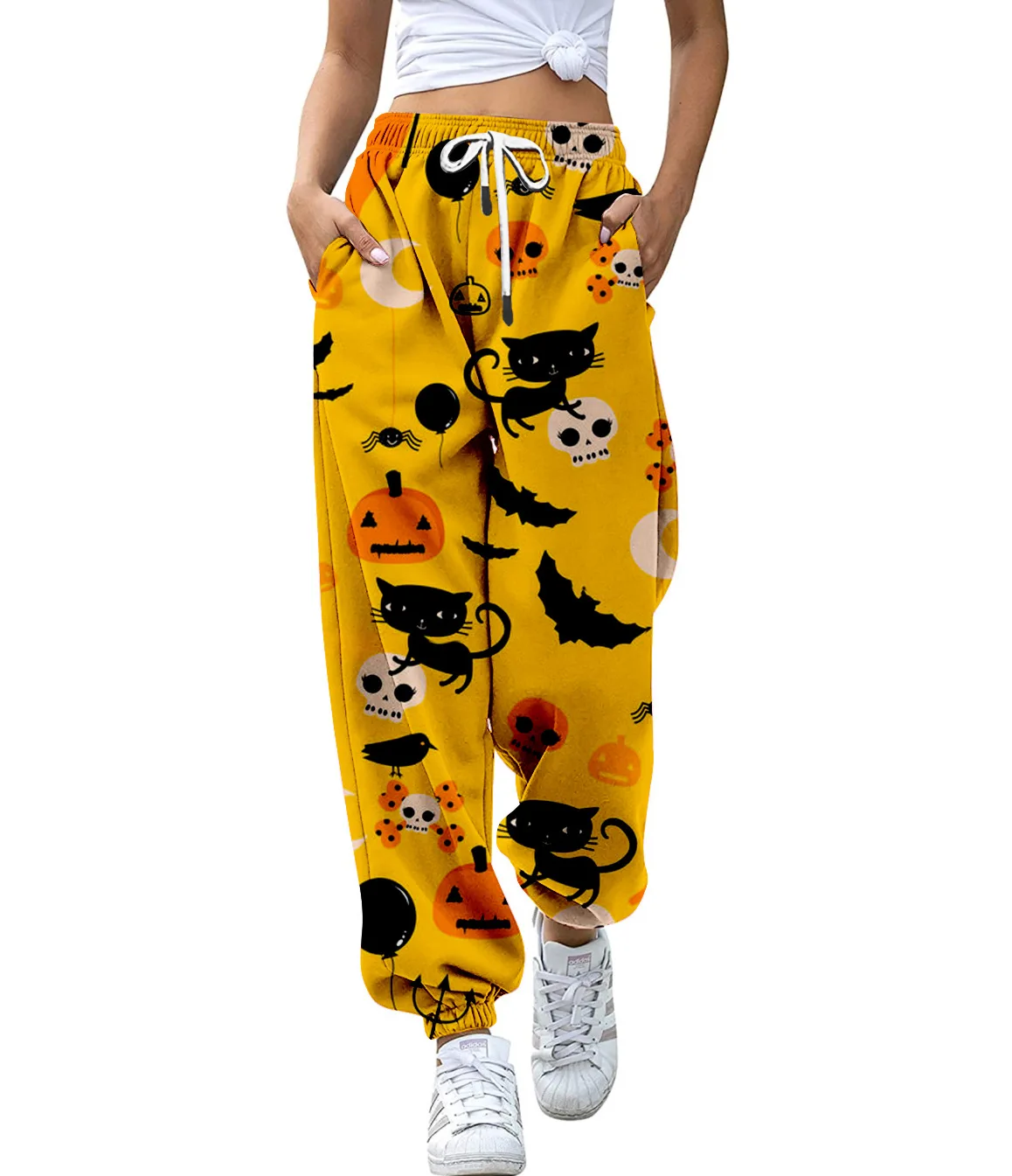 Drawstring Casual Nine Pants Pumpkin Halloween Print Bottom Sweatpants Pockets High Waist Sporty Gym Athletic Fit Jogger Pants