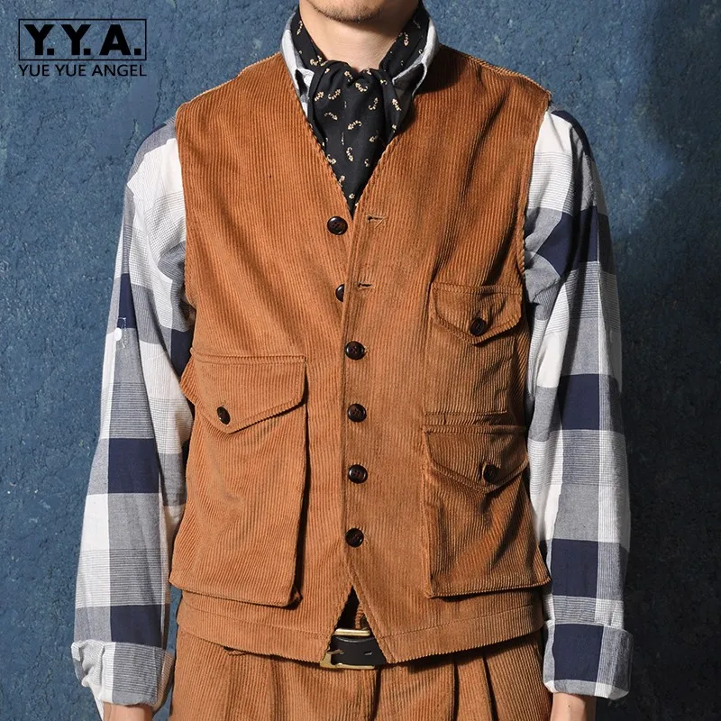 

Harajuku Mens Single Breasted Pockets Cargo Sleeveless Jacket Short Gilet Vintage Corduroy Waistcoat Outerwear Tops Male Vests