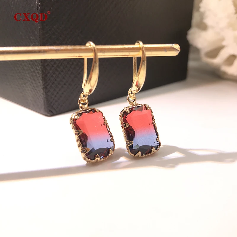 CXQD Fashion Colorful Shiny Transparent Rectangular Dangle Earrings for Women Vintage Crystal Eardrop Statement Wedding Jewelry