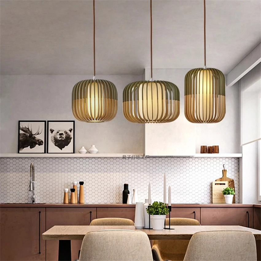 

Modern Wooden Birdcage Pendant Lamp Chinese Restaurant Cafe Kitchen Art Decoration Interior Lighting Living Room Pendant Lights