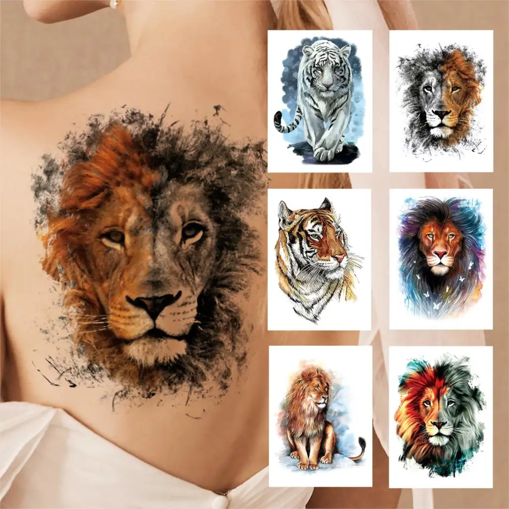 Water Colour 3D Lion Temporary Tattoo For Women Men Adult Kids Animal Tiger Tattoos Sticker High Quality Fake Large Tatoos Decal