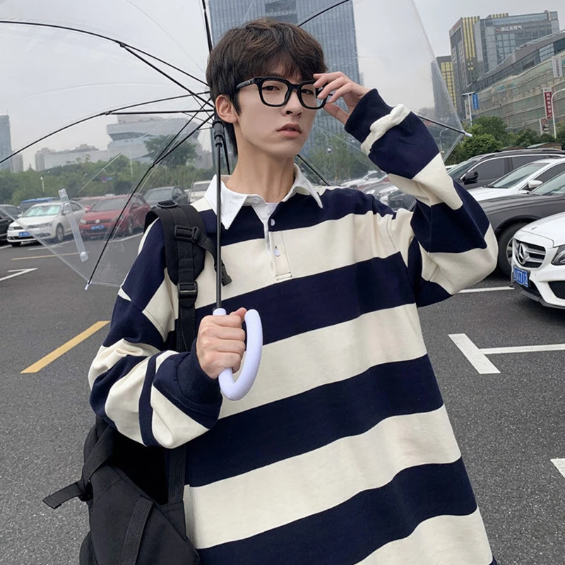 Autumn All-Match Casual Striped Loose Long Sleeve Men Polo T Shirts Fashion Lapel Black Yellow Oversized Punk Streetwear Clothes