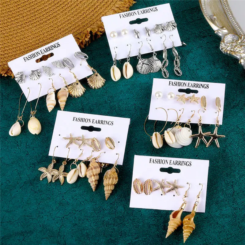 Fashion Women\'s Earrings Set Long Tassel Shell Earrings For Women Boho Dangle Earring Geometric Jewelry Female Pearl Earrings