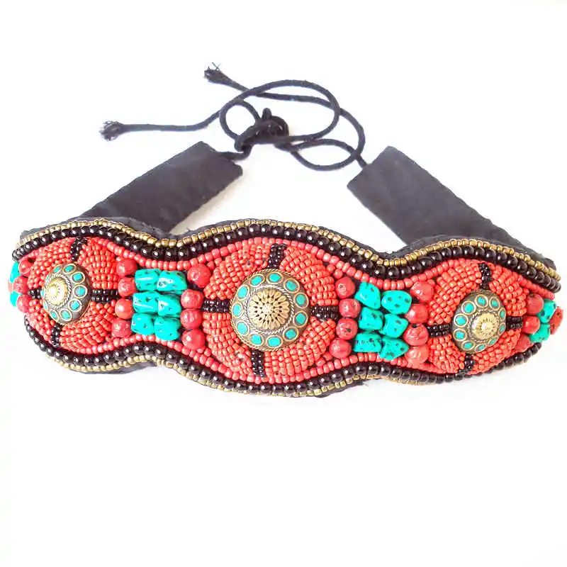 HDC0629 Tibetan Hand Sewed Tribal Belts Colorful Stone Coral Fashion Wide Beaded Waistband Cloth Decor Belt