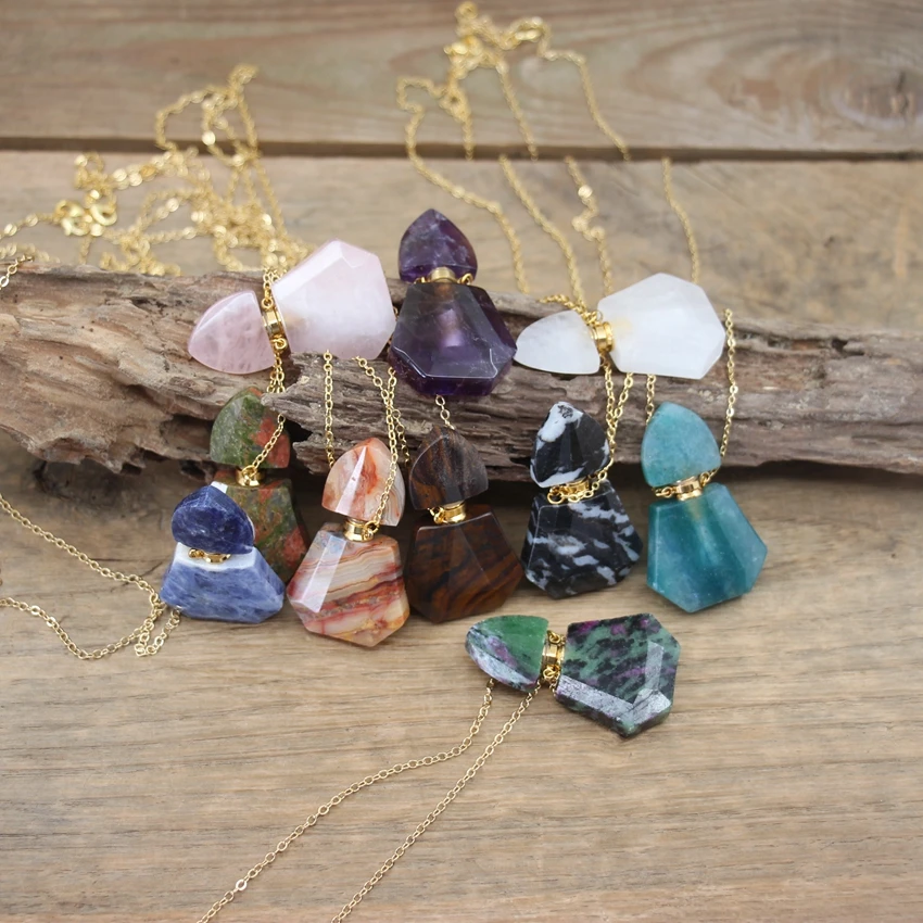 Gold Color Chains Crazy Agates Essential Oil Vial Pendants Sodalite Crystal Jades Jaspers Perfume Bottle Charm Jewelry QC1069
