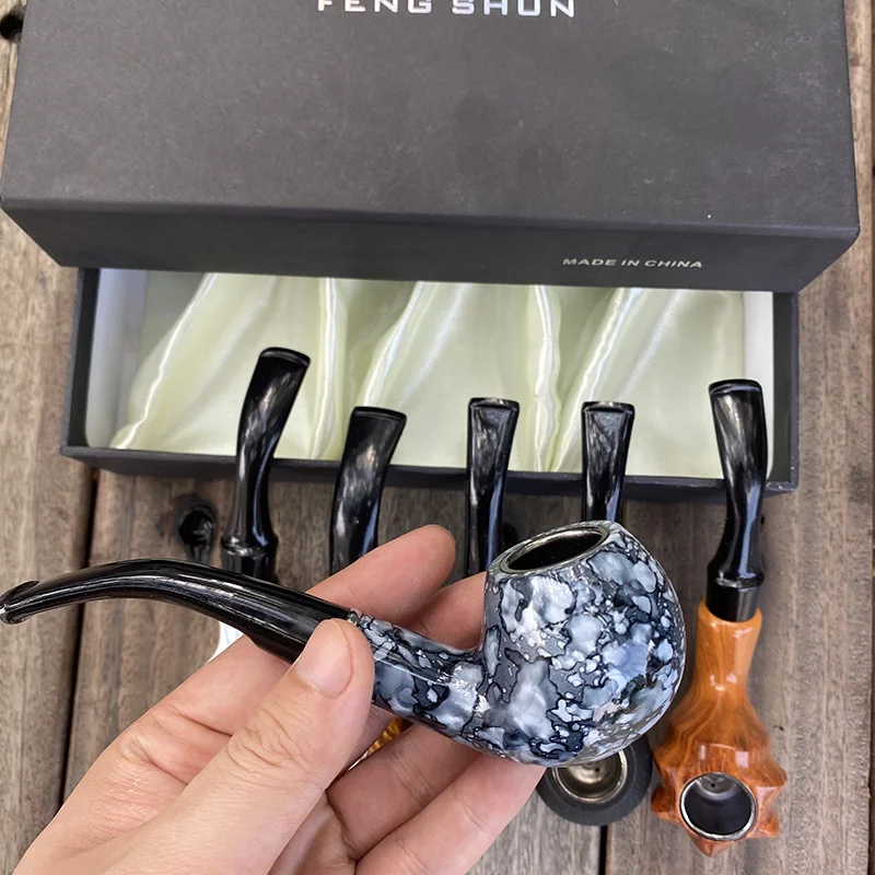 6Pcs/Set Class Style Tobacco Smoking Pipe Wood Resin Filter Holder with Gift Box for Best Friend