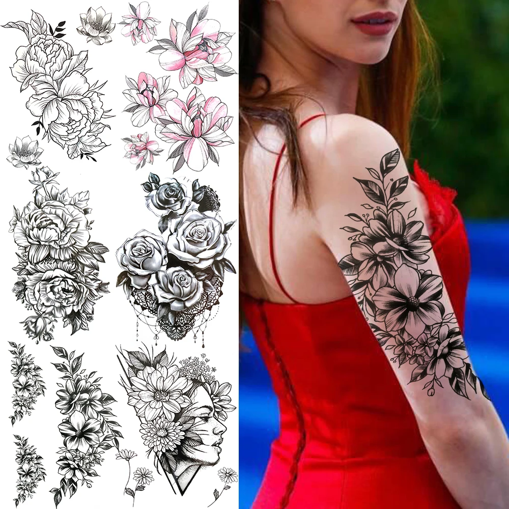 Semi Permanent Black Zinnia Flower Temporary Tattoos For Women Girls Dahlia Peony Rose Lace Tattoo Sticker Tatoos Paste