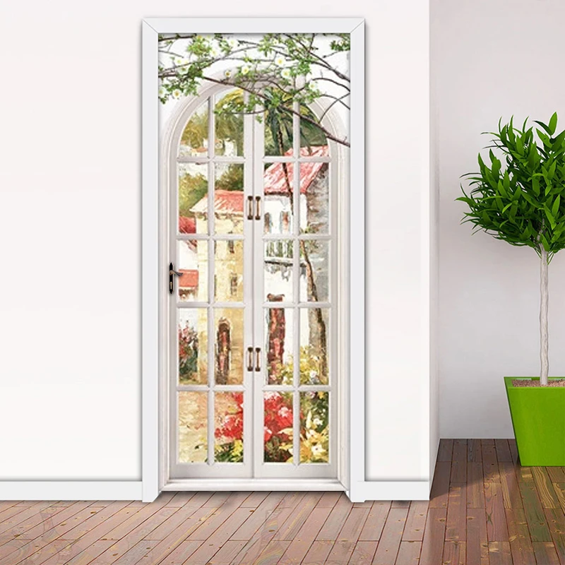 3D Door Sticker Window Landscape Art Mural Wall Decals Living Room Door Stickers Self Adhesive Removable Wallpaper Home Decor