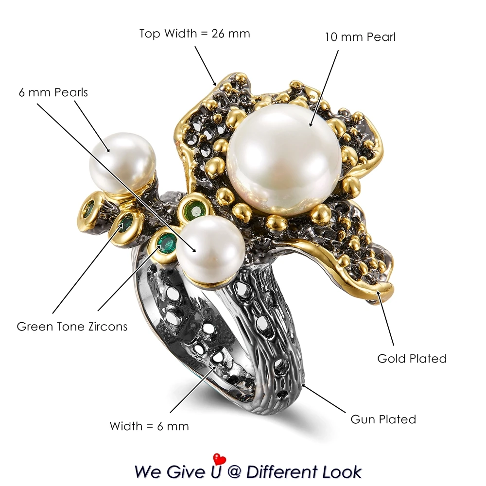 DreamCarnival 1989 Blooming Flower Pearls Ring for Women Wedding Engagement Green Tone Zirconia Black Gold Color Jewelry WA11755