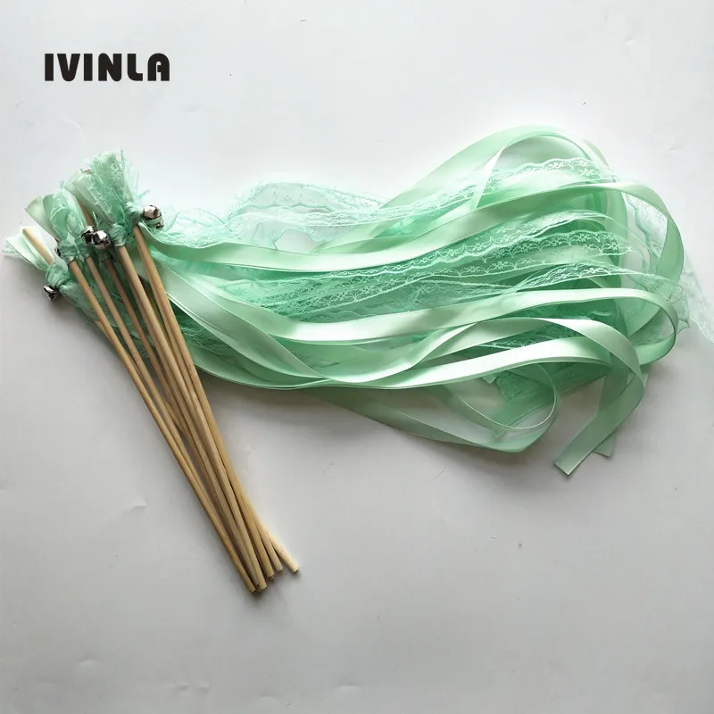 50pcs/lot light green Lace wedding ribbon wands  with sliver bell for wedding decoration