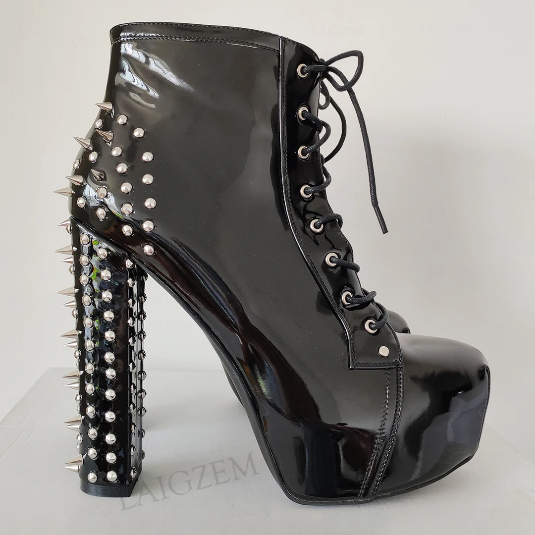 LAIGZEM Studded Women Ankle Platform Boots Lace Up Thick High Heels Boots Shiny Black Patent Shoes Woman Large Size 41 42 45 47