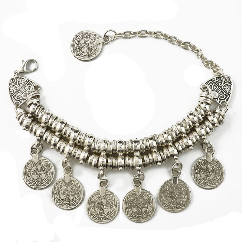 Vintage ethnische übertriebene Münze Anhänger Armbänder für Frauen Boho Silber Farbe geschnitzte geometrische indische Armbänder Jhumka Schmuck
