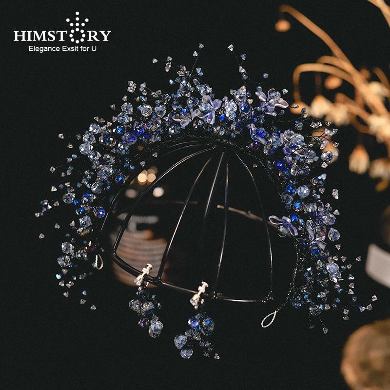 

HIMSTORY Rhinestone Custom Made Blue Flowers Tiara Handmade Fashion Hairband Royal Bridal Wedding Dressing Crown Accessory