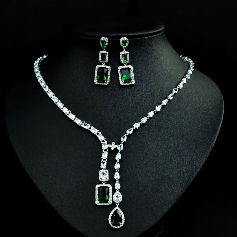 

HIBRIDE Luxury Brand Green CZ Jewelry Set For Women Wedding Necklace Earring Set Cubic Zircon Dubai Bridal jewelry Set SS07