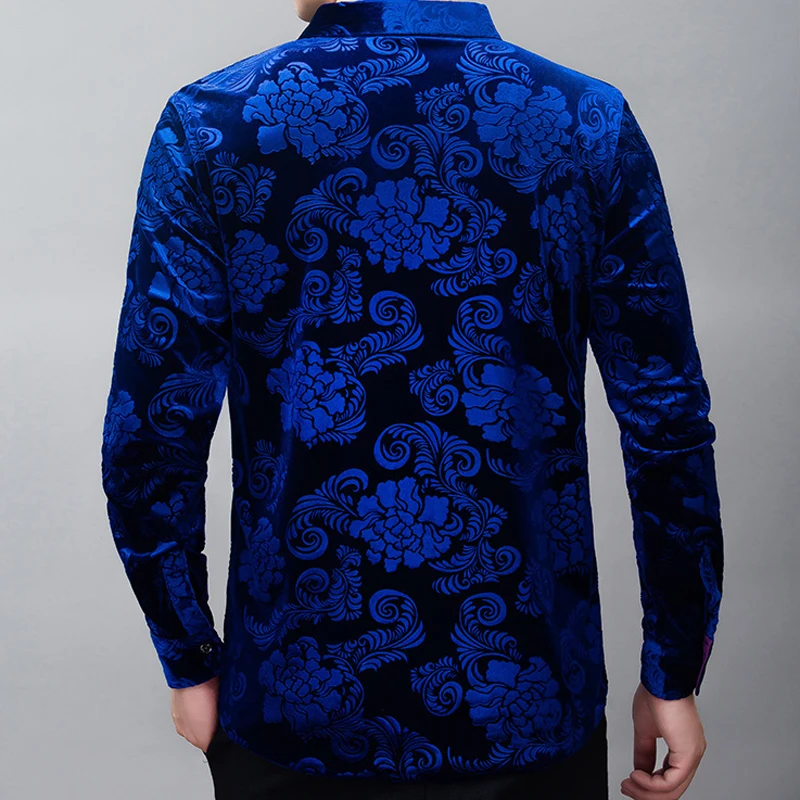 Royal Blue Velvet Velour Shirt Men 2022 Spring New Slim Fit Long Sleeve Mens Floral Dress Shirts Casual Button Down Chemise 2XL