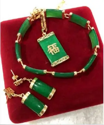 

new! woman's noblest green jade "Fu" Lucky pendant & earring bracelet jewelry set