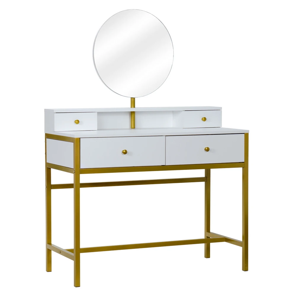 Dresser Dressing Table Golden Steel Frame Round Desktop Mirror 4-Drawers with Stool White[US-Stock]