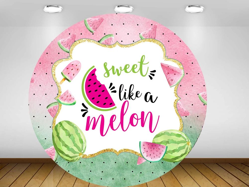 

Round circle background summer girl watermelon themed backdrop birthday party decor candy table banner fabric YY-274