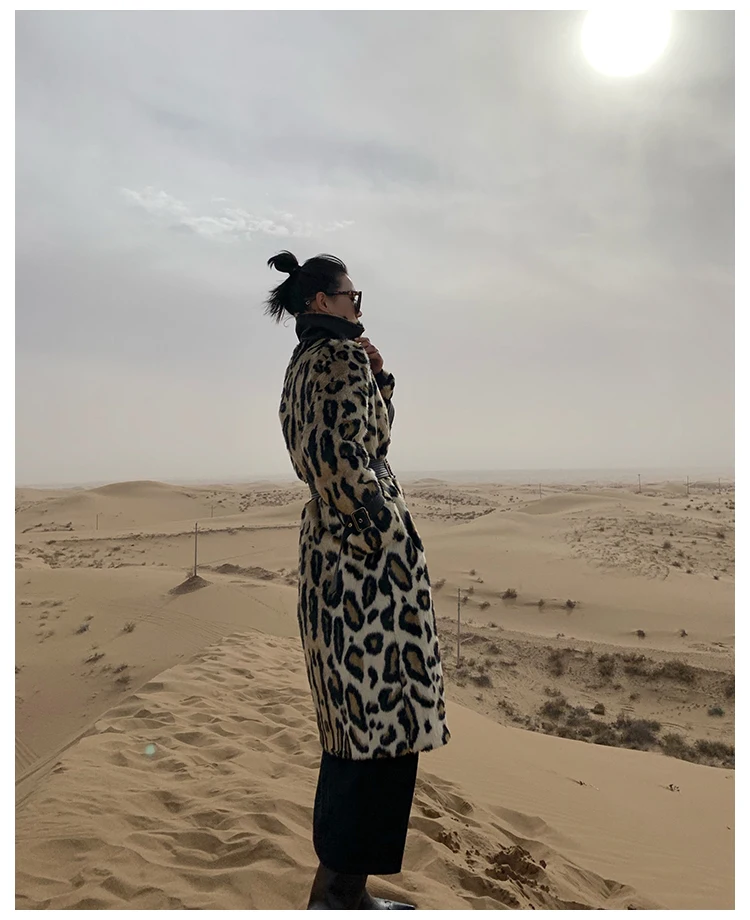 Lautaro Winter Long Leopard Print Warm Fluffy Faux Fur Trench Coat for Women Long Sleeve Double Breasted European Fashion 2021